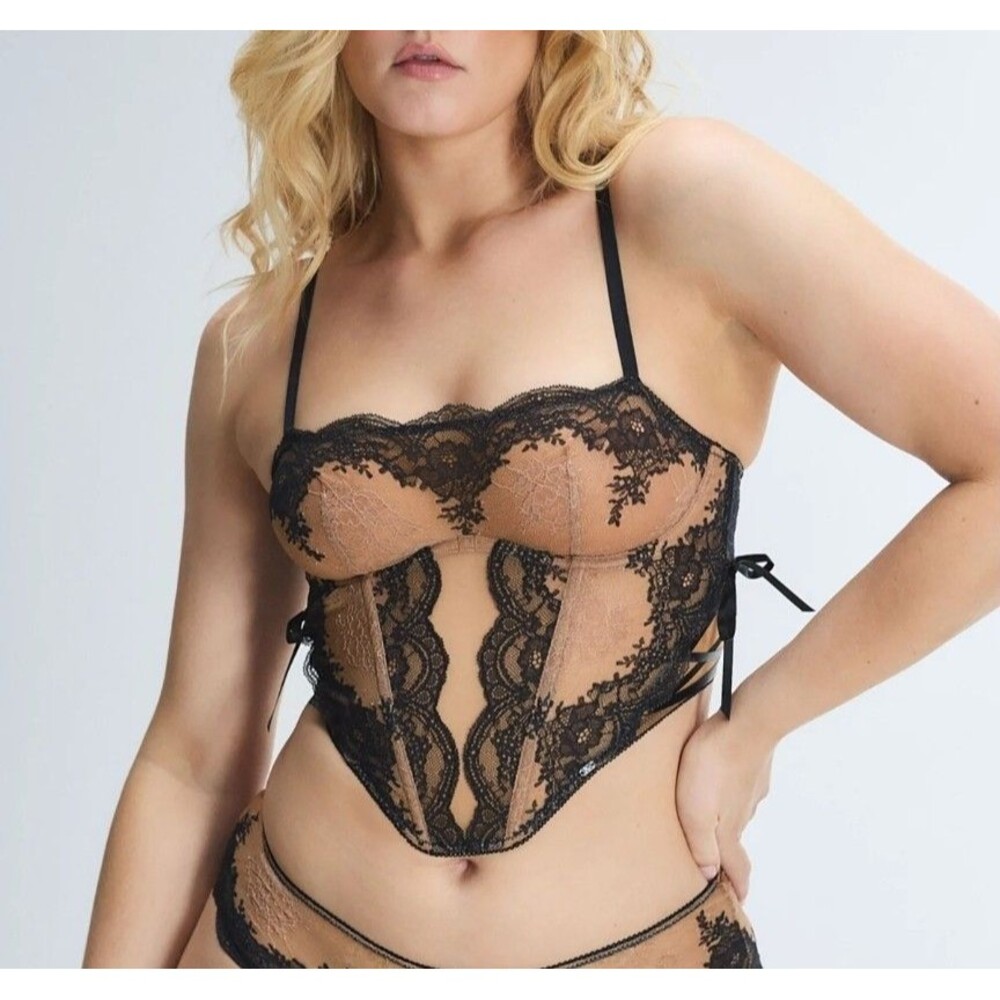 NWT Savage X Fenty Lacestruck Bustier Pink Black Lace Size 12-14 Sheer Mesh
